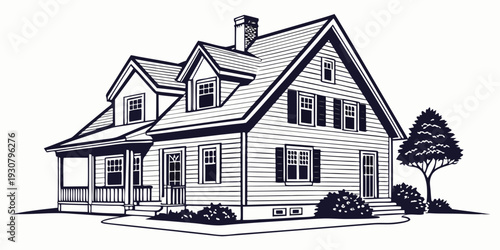 A charming two-story house with a sloped roof and a small garden in front