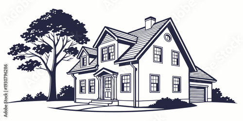 A charming two-story house with a tree in the front yard