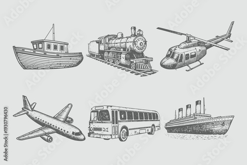 vintage engraving style Bus, Boat, Ship, Airplane, Helicopter, Train vector illustration. Hand drawn sketch Transport elements set for creative design. Eps 10