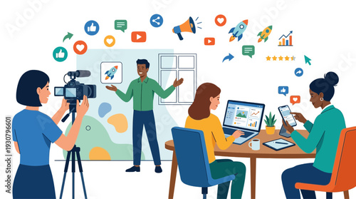 Crafting a Digital Narrative: A dynamic team collaborates on a social media campaign, with one presenting, another filming, and two others managing digital content on laptops and phones.