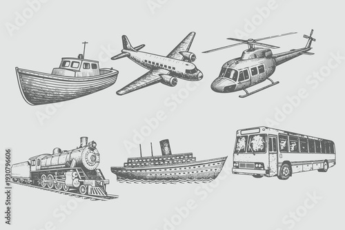 vintage engraving style Bus, Boat, Ship, Airplane, Helicopter, Train vector illustration. Hand drawn sketch Transport elements set for creative design. Eps 10