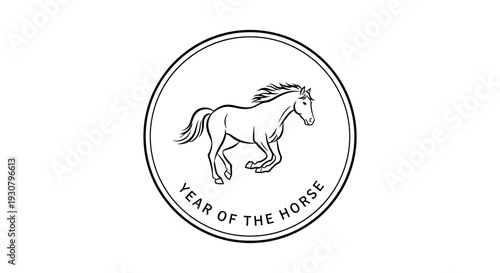 Running Horse in Circular Frame with "Year of the Horse" Text, Isolated White Background