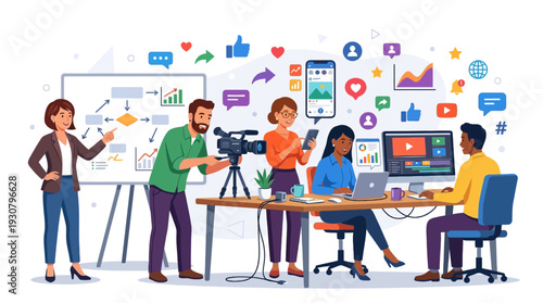 Digital Marketing Team at Work: A dynamic team of marketers, immersed in their creative process, working together to develop campaigns across various social media platforms.