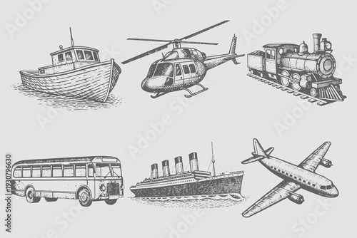 Bus, Boat, Ship, Airplane, Helicopter, Train in vintage engraving style vector illustration. Retro Transport Texture elements on transparent background.