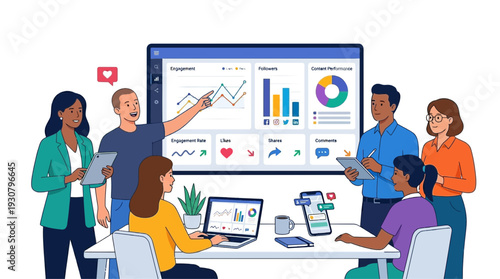 Digital strategy session: Collaborative team analyzes data and charts on a screen. The image presents a cohesive group, highlighting modern office tools.
