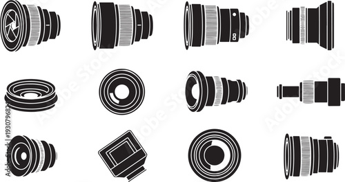 Collection of black and white camera lens and symbols equipment optics aperture zoom
