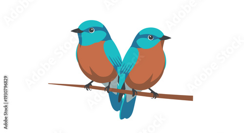 Two brightly colored birds perch together on a simple brown branch