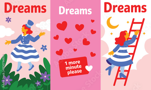 A woman's whimsical, tender, and ambitious dream journey, depicted in a vibrant illustration with bright, imaginative lighting.