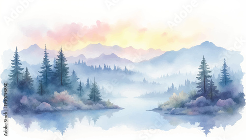 Serene mountain lake with pine trees.