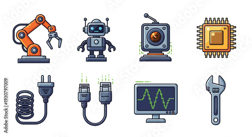 Collection of robotic and technological icons in a cartoon style