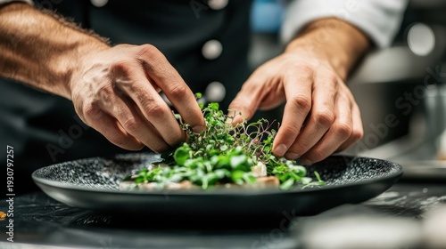 Chef arranging fresh herbs on plate