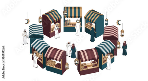 An illustrated market scene with vendors and traditional arabian goods