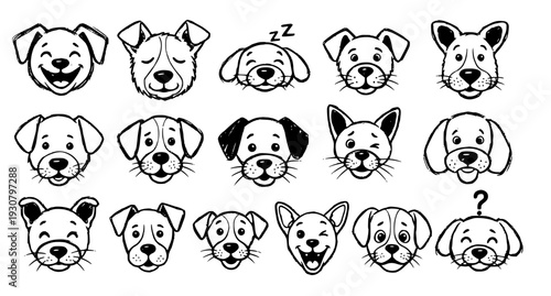 Whimsical Dogs Chalk Scribble Vector Set with Funny Puppy Head Sketches in Hand Drawn Charcoal Style