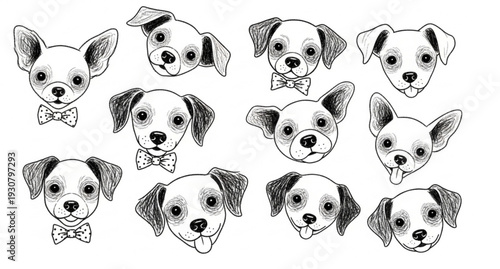 Hand Drawn Chalk Style Dog Doodle Collection with Playful Puppy Faces Outline Vector Illustration