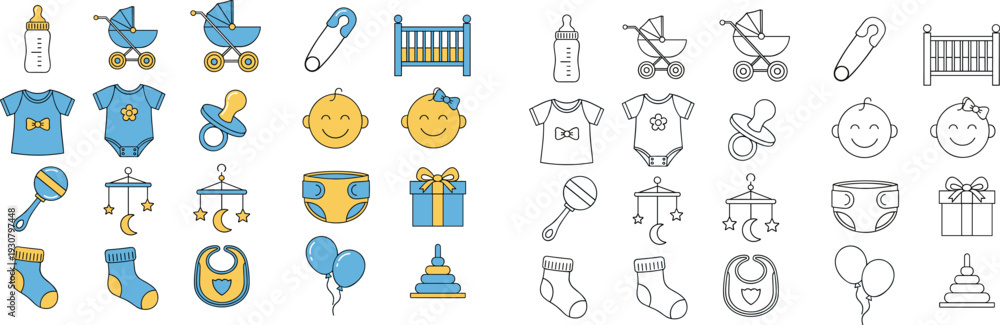 Fototapeta premium Cute Baby Icon Set Vector Illustration with Newborn Items, Toys, Clothing, and Nursery Symbols for Parenting Apps, Invitations, Prints, and UI Design