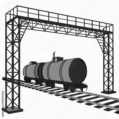 Gray train tanker on railroad tracks under metal structure