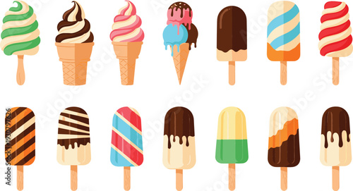 Ice Cream and Popsicle Vector Icon Set with Chocolate Vanilla Strawberry and Colorful Frozen Dessert Collection