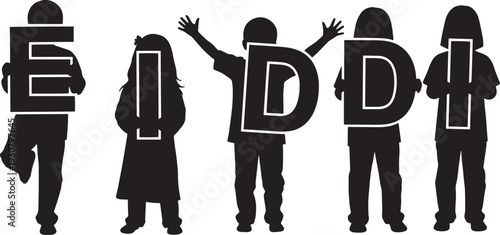 Five children silhouettes holding large cutout letters spelling EIDD in an array of postures on a transparent background