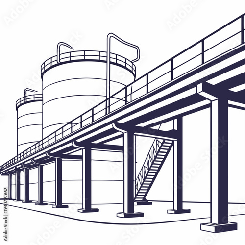 Rail based petrochemical facility with tanks and walkway