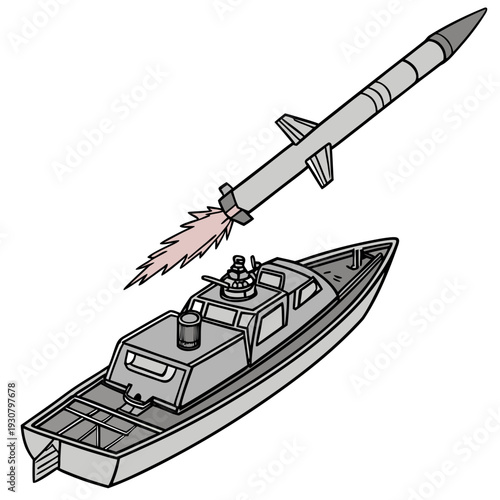 Gray boat launching missile with flames combat ocean