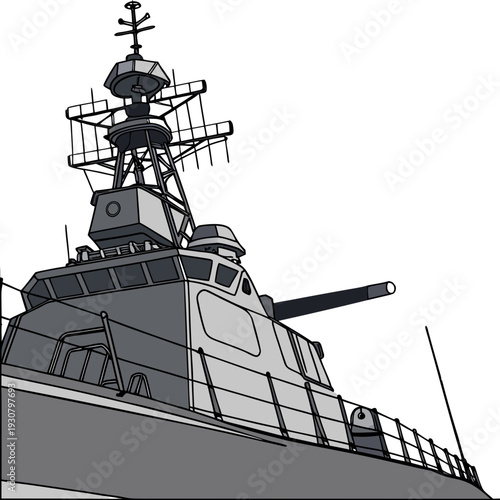 Gray naval defense ship with gun and radar systems