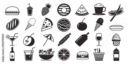 A diverse collection of black and white icons representing various objects and activities