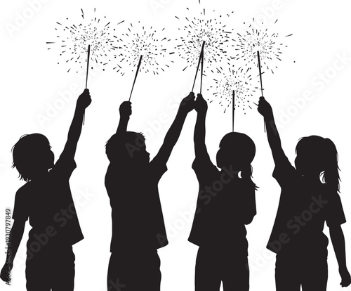 Four children silhouettes holding sparklers up in air, vector illustration of happy kids celebrating with festive fireworks