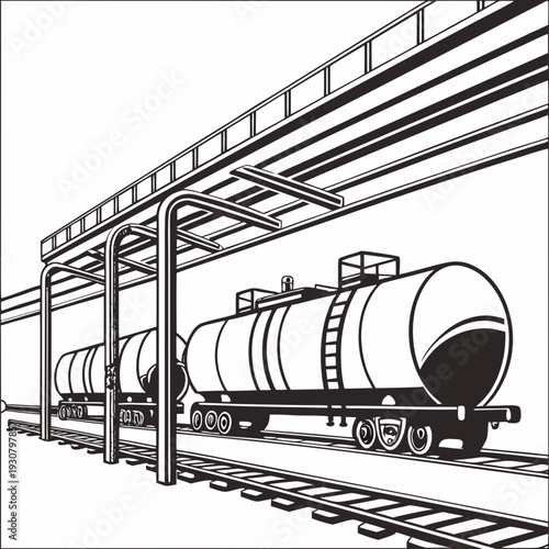 Oil tanker railcars under loading facility train