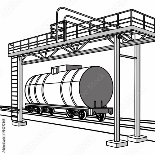 Oil tanker railcar under loading gantry industrial