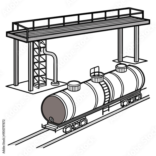 Oil train tanker under loading facility railroad industrial