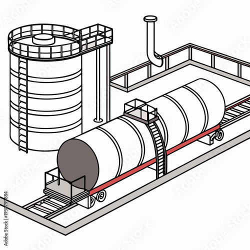 Petroleum storage tank and cylindrical cargo on rail tracks