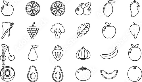Minimal Fruit and Vegetable Outline Vector Icon Set with Apple Citrus Avocado Banana and Broccoli Line Symbols