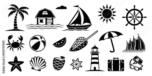 A collection of black and white icons representing various beach and nautical themes