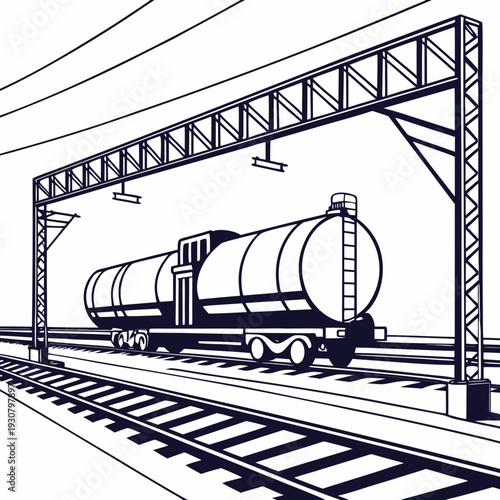 Black and white of a tanker railcar under an overhead gantry