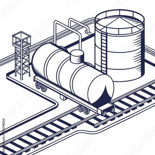 Petrochemical rail logistics hub with train and storage tanks