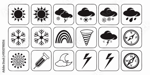 A diverse collection of symbols representing various weather conditions and natural phenomena