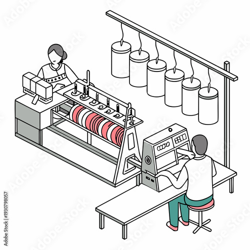 Textile factory workers operating machinery with yarn spools