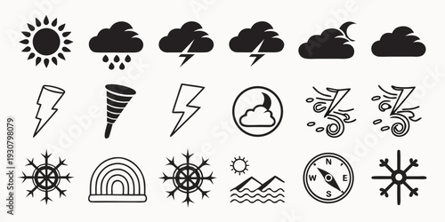 A collection of weather and natural phenomena icons in black and white