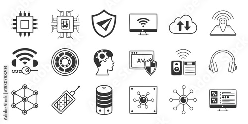 A collection of icons representing various aspects of technology and security