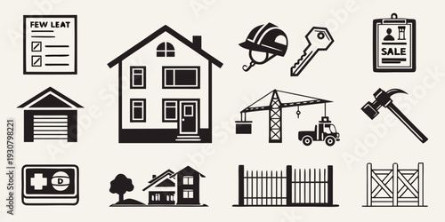 A collection of various home and garden icons including houses, tools, and plants