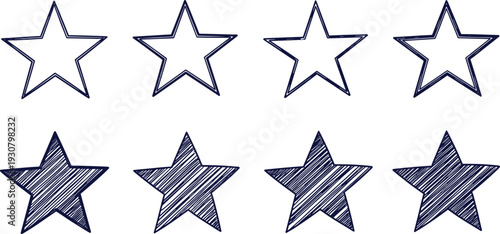Star rating icons set with outline and filled hand drawn stars for reviews, feedback, evaluation, and user interface design in vector style