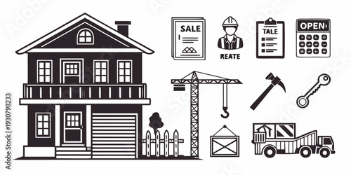 Illustration of a house with various construction tools and equipment around it