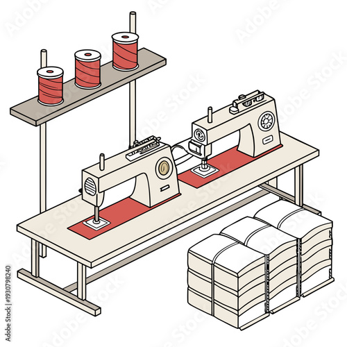 Textile factory assembly line with sewing machines and fabric