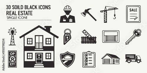 Illustrations of various tools and icons related to building and real estate