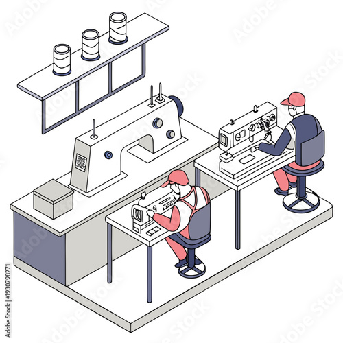 Isometric view of two people working at sewing machines in a garment factory