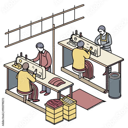 Textile factory interior with four workers operating sewing machines