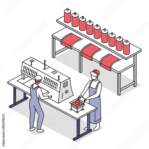 Garment factory workers operating sewing machines with fabric rolls