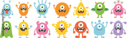 Cartoon monster character collection colorful one eyed creature design funny alien illustration playful fantasy artwork children graphic flat vector