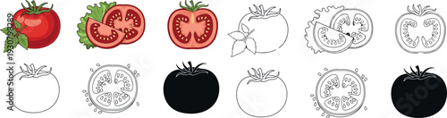 Tomato Vector Illustration Set with Whole, Sliced, and Cross Section Views for Food Packaging, Cooking Graphics, Agriculture, and Healthy Design Projects