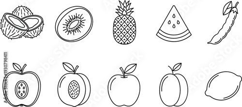 Tropical and Fresh Fruit Outline Icon Set with Apple Pineapple Watermelon Kiwi Lemon and Coconut Line Illustrations